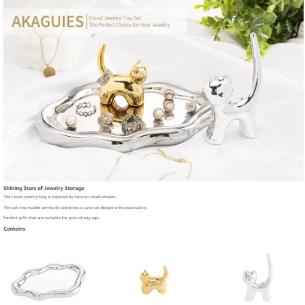 Ceramic Jewelry Cloud-Shaped Tray & 2 Removable Cat Ring Holder Set